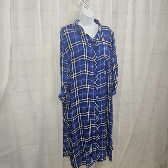 Catherines Blue White Plaid Button Down Shirt Dress Preppy Roll Tab 4X - Picture 5 of 12